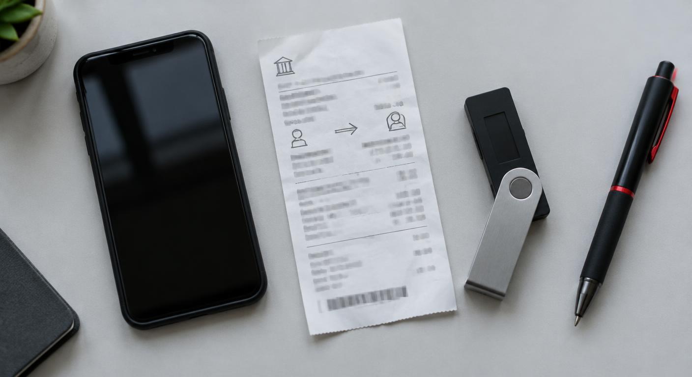 Telefono, ricevuta bancaria e dispositivo per criptovalute su un tavolo